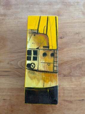 Irwin Mid-Century Modern Hand Painted Wood Block Nautical Art Maria Boat